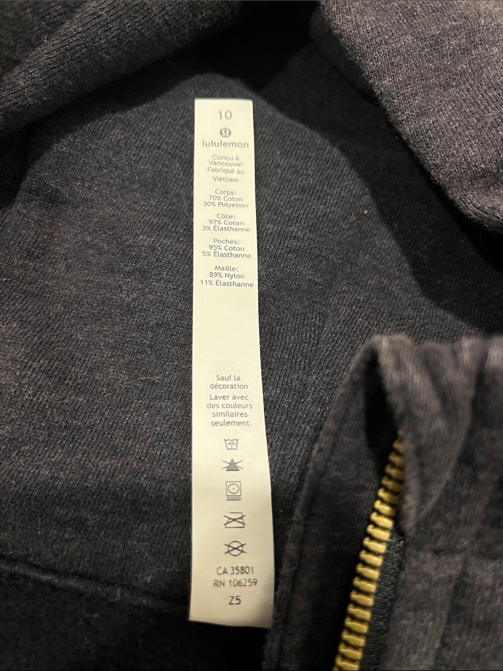 lululemon athletica Scuba Charcoal Gray Full-Zip Hoodie with Gold Zipper-Size 10 - Picture 9 of 9